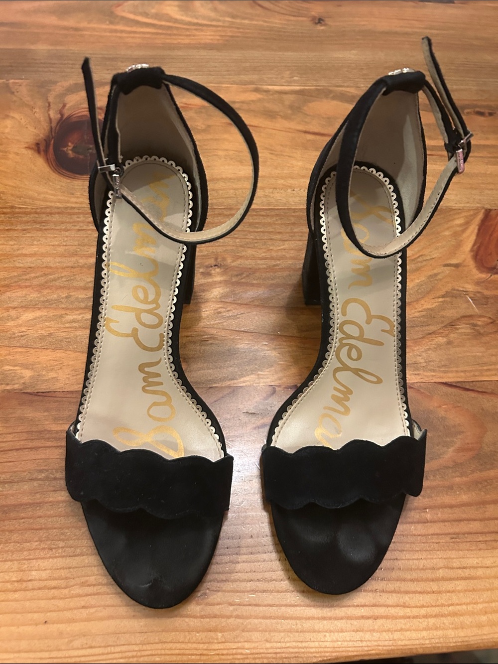 Sam Edelman Odila Black Scalloped Ankle-Strap Block Heels